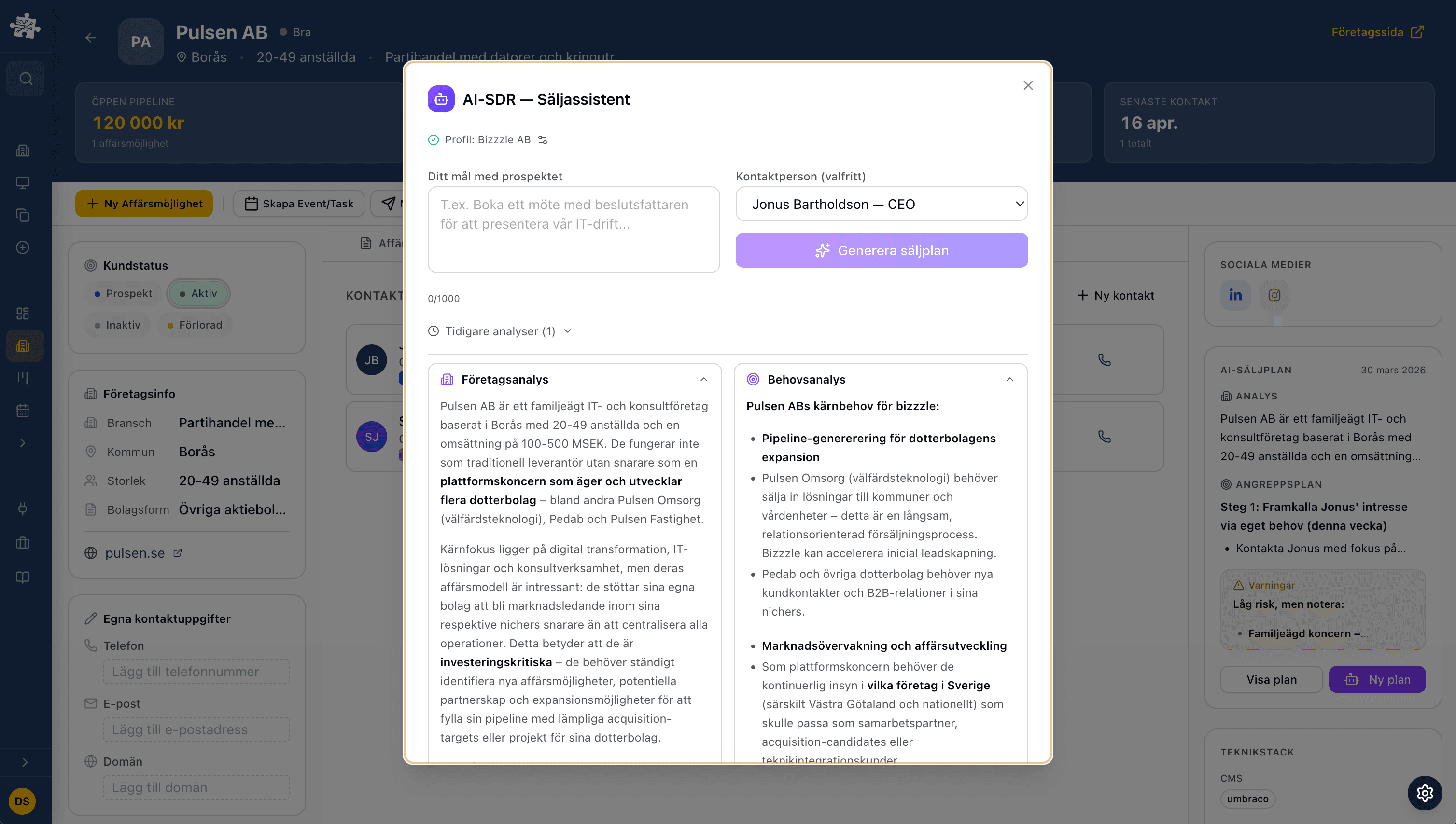 Bizzzle AI-SDR säljplan med företagsanalys, behovsanalys och angreppsplan genererad från CRM-systemet