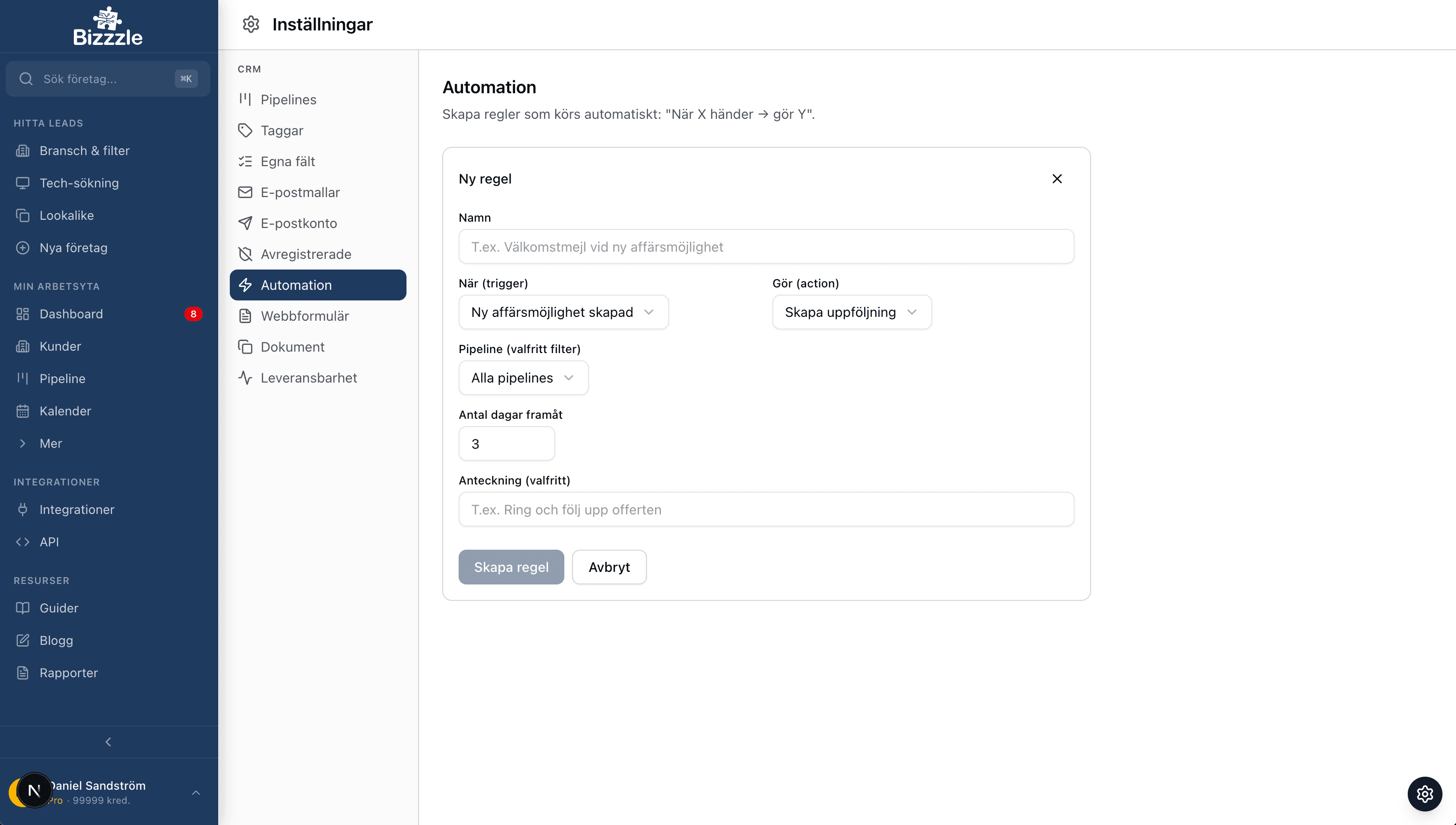 Bizzzle automationsregel med trigger, action, pipeline-filter och uppföljning