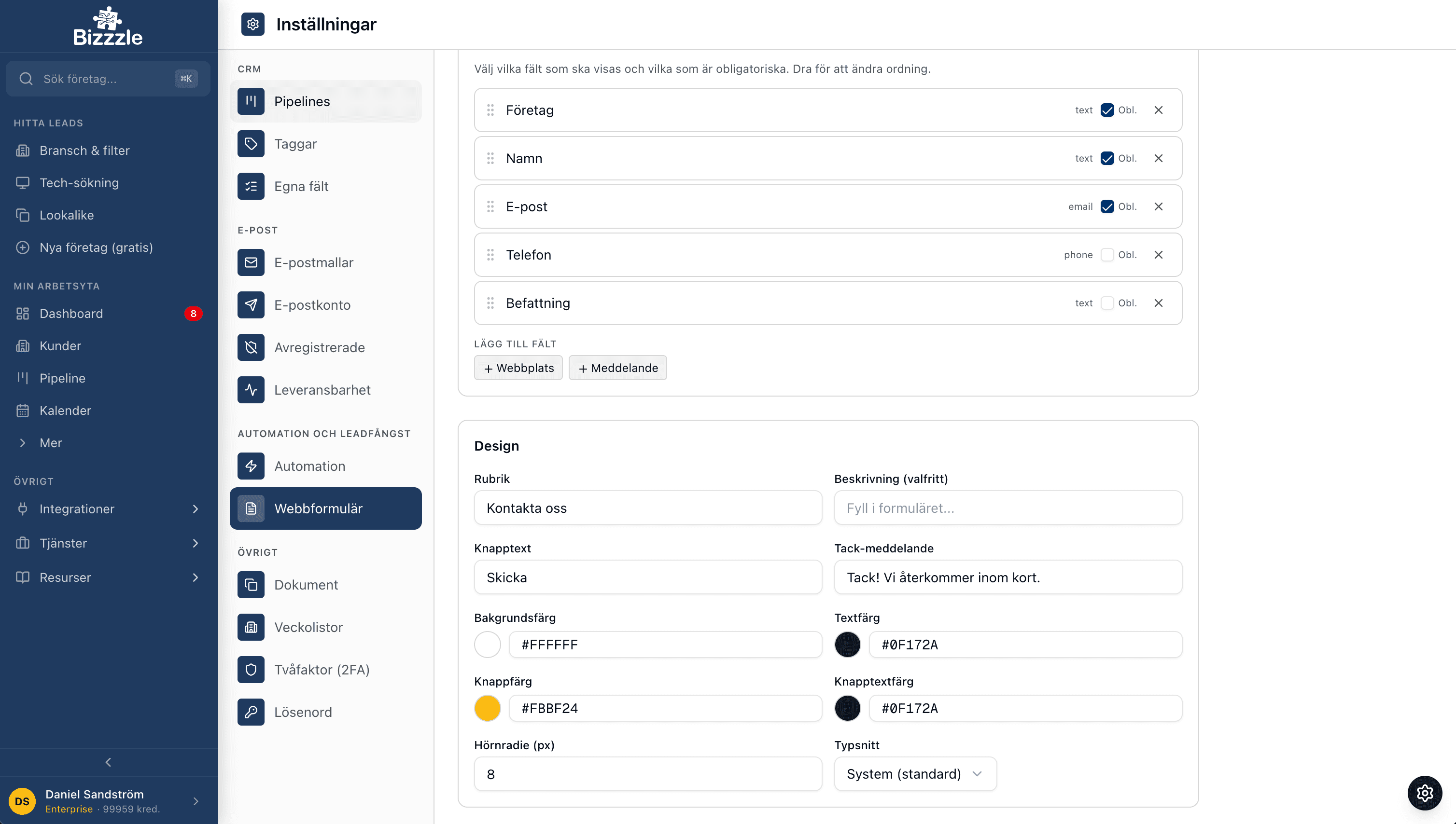 Bizzzle webbformulär med sju standardfält, designanpassning och pipeline-koppling