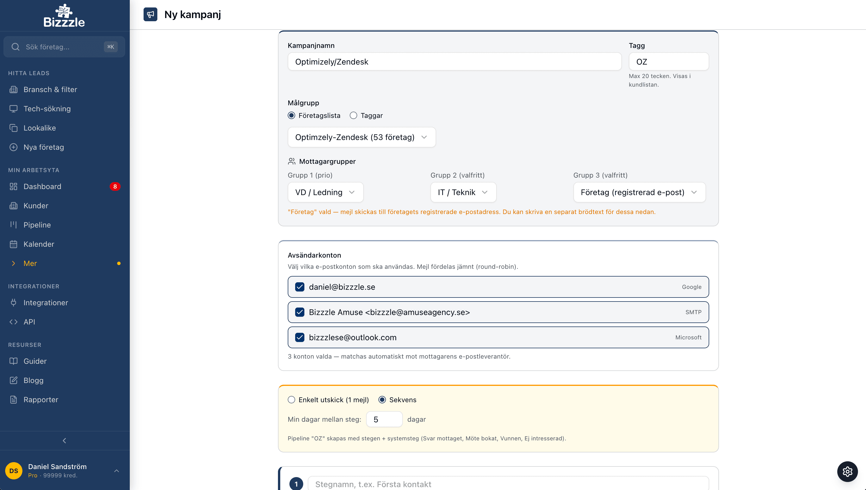 Bizzzle kampanjskapare med målgrupp, avsändarkonton med round-robin och sekvensval