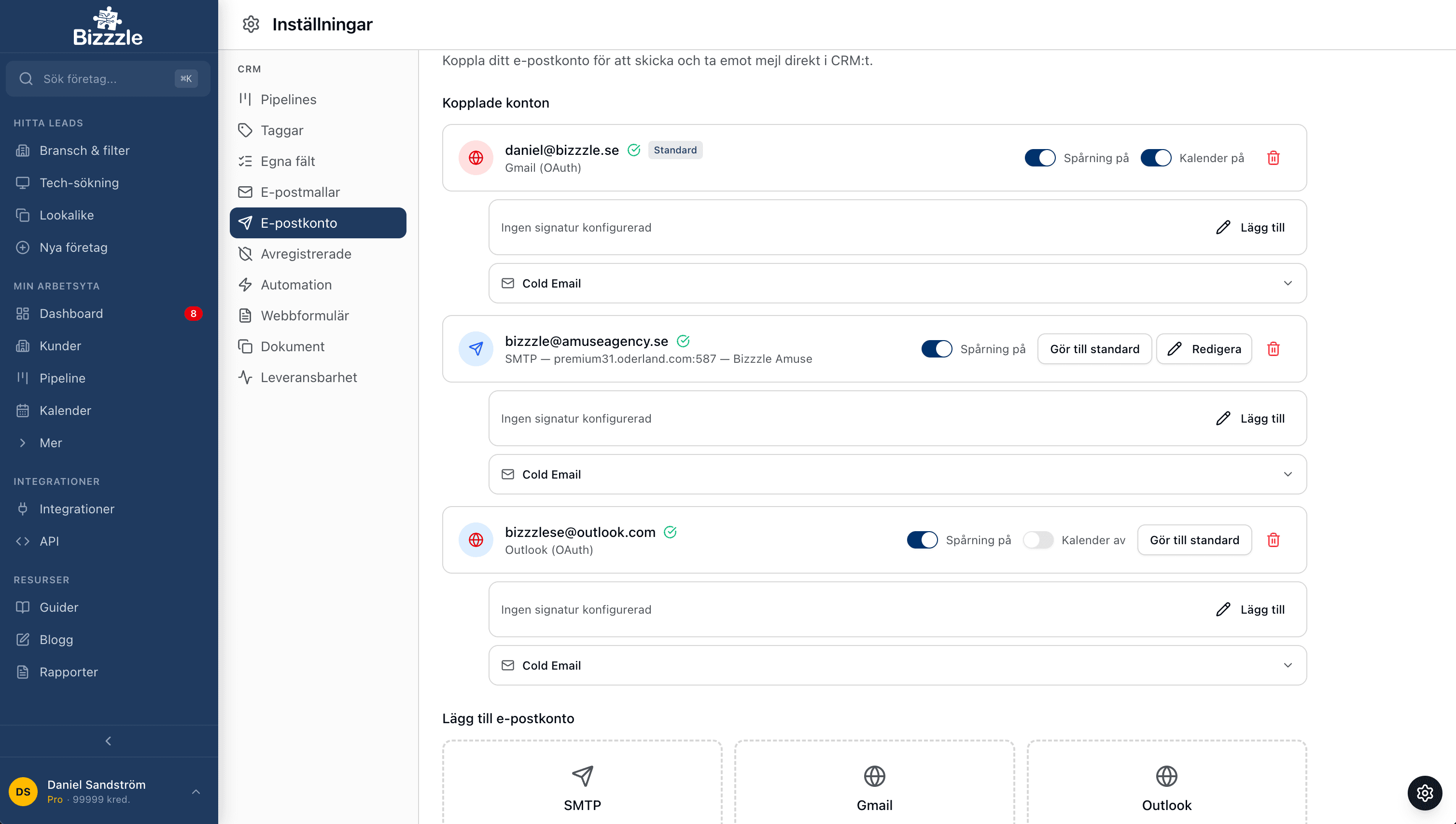 Bizzzle e-postkonto-inställningar med Gmail, Outlook och SMTP — spårning, kalender och signatur per konto
