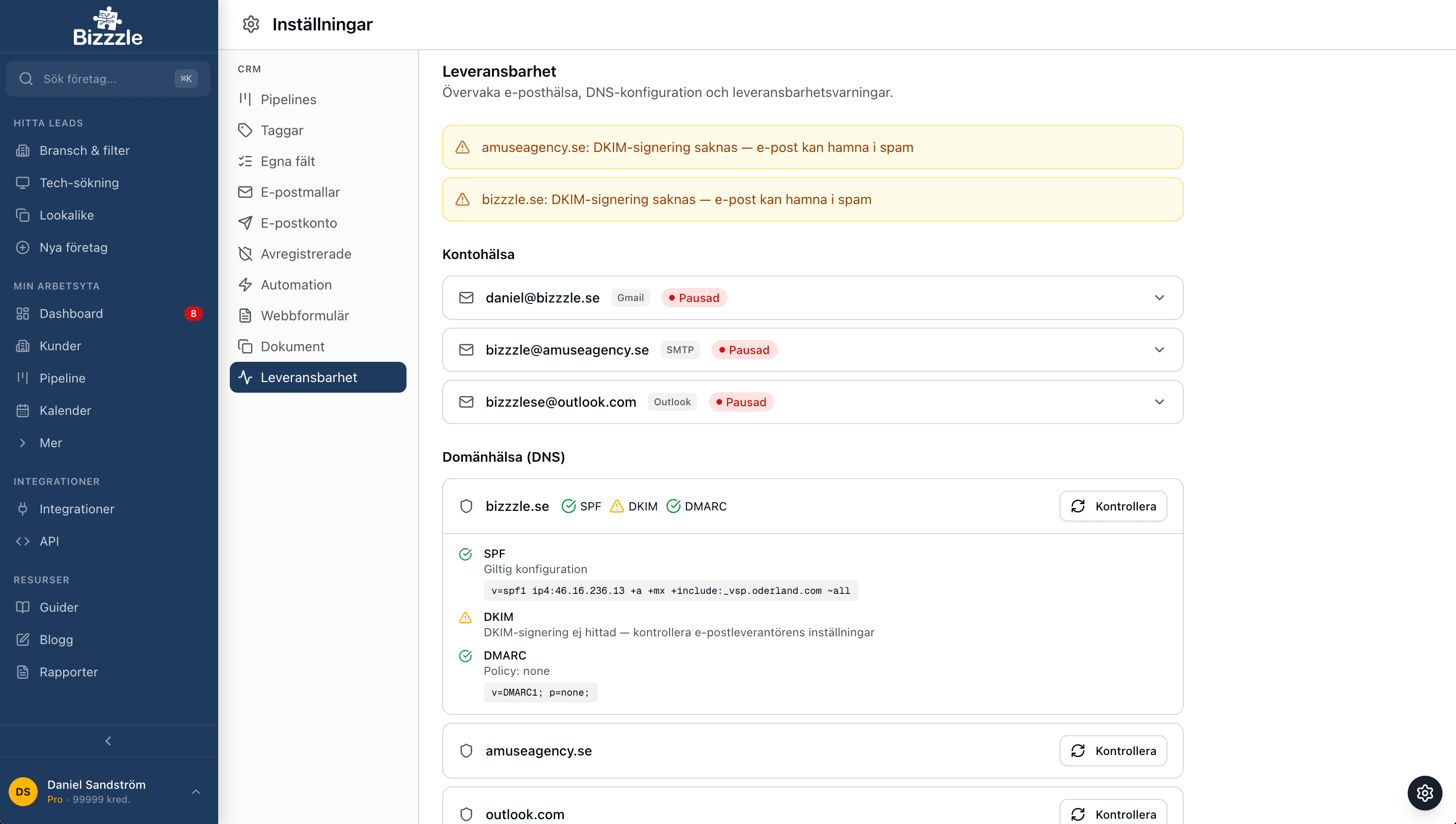 Bizzzle leveransbarhet-dashboard med DNS-kontroll för SPF, DKIM och DMARC, kontohälsa och automatiska varningar