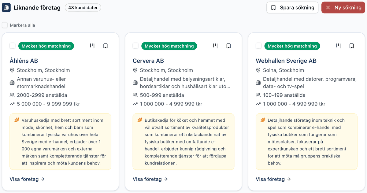 Resultat med matchningsgrad och förklaringar