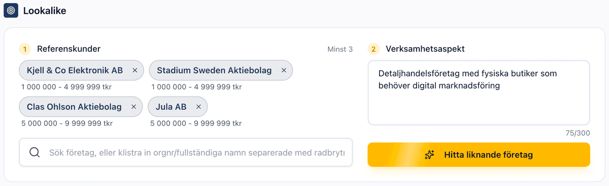 Sökvy med referenskunder och verksamhetsaspekt